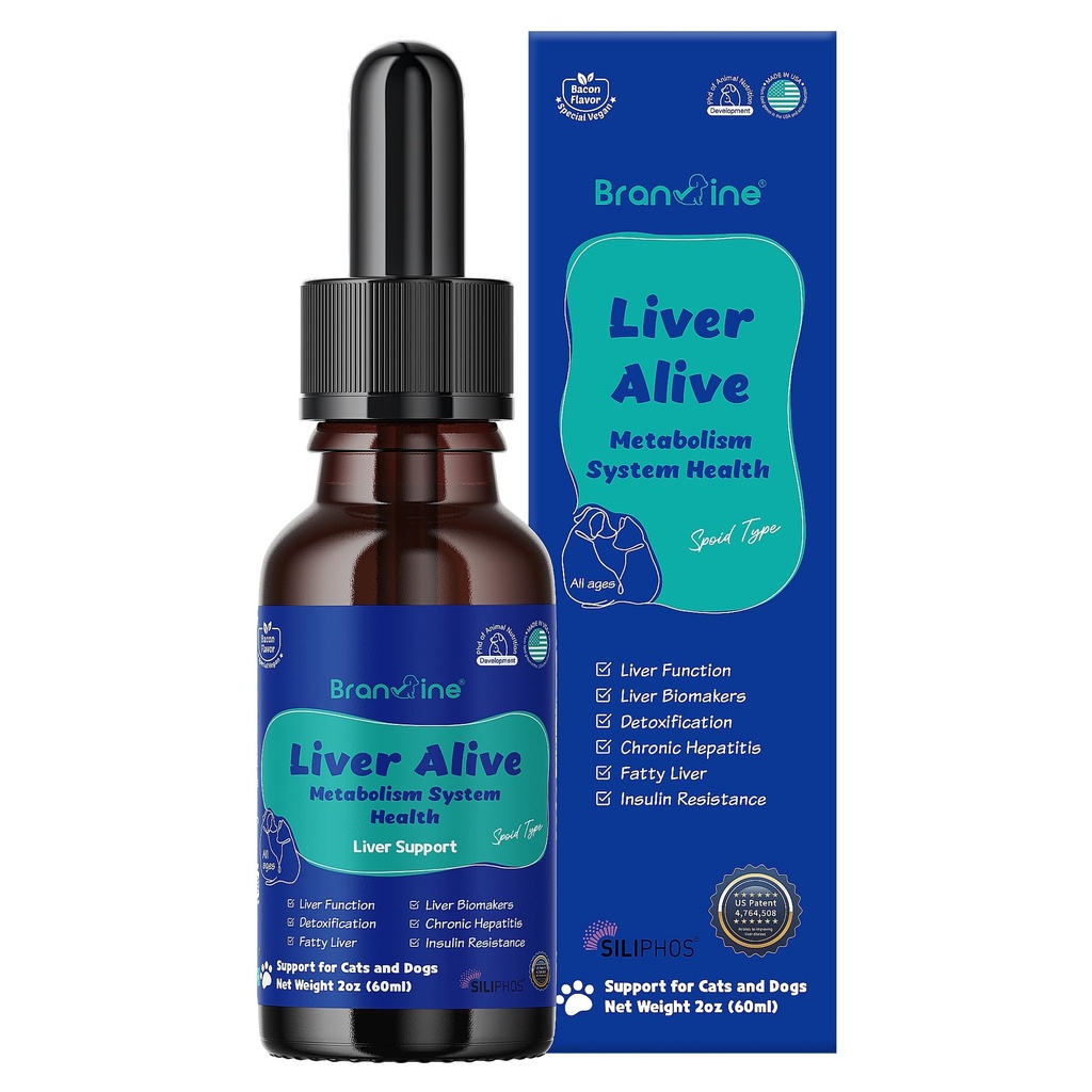 Pečeň Alive metabolický systém Zdravie pre psy a mačky - Funkcia, Mastné, Detox, Chronická hepatitída so SILIFOS®, TUDCA, Rovnaký Vegan Bacon Flavor (60ml)