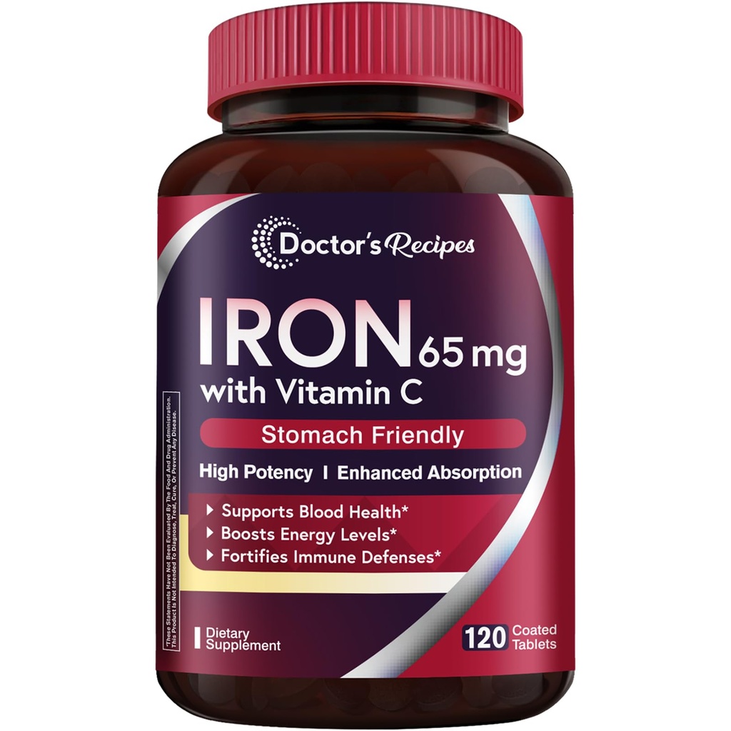 Lekár recepty Železo Supplement 65 mg s vitamínom C - Maximalizované absorpcie a žalúdka Železo Tabletky pre červené krvinky formácie, srdce, mozog a imunita zdravie - Vegan non-GMO 120 Železo Tabule