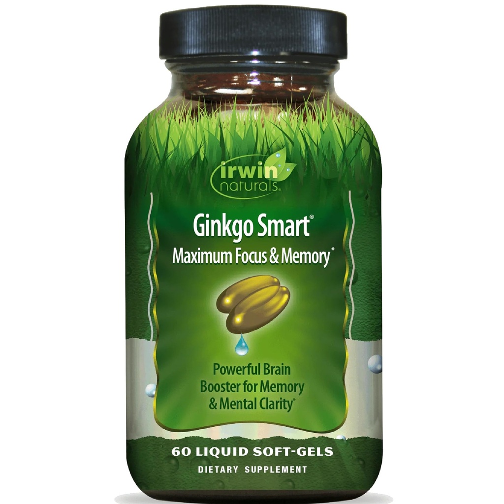 Irwin Naturals Ginkgo Smart Výkonný Nootropný mozog Booster - podporuje maximálnu pamäť, Focus & Mental Clarity with DMAE, Clubmos, Choline & Acetyl L-karnitín - 60 Liquid Softgels
