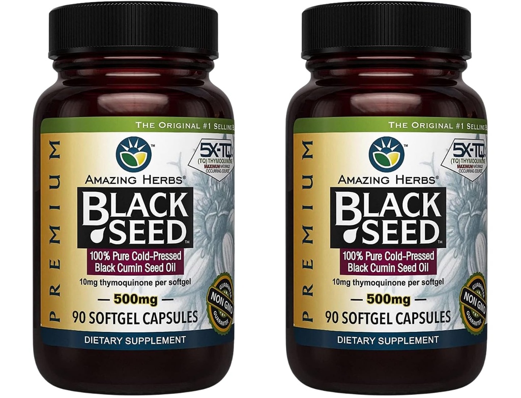 Amazing byliny Premium Black Seed Oil Kapsule - Gluten Free, Non GMO, Cold Pressed Nigella Sativa Aids in Digestive Health, Immune Support, Brain Function - 90 Gróf, 500mg (Pack of 2)