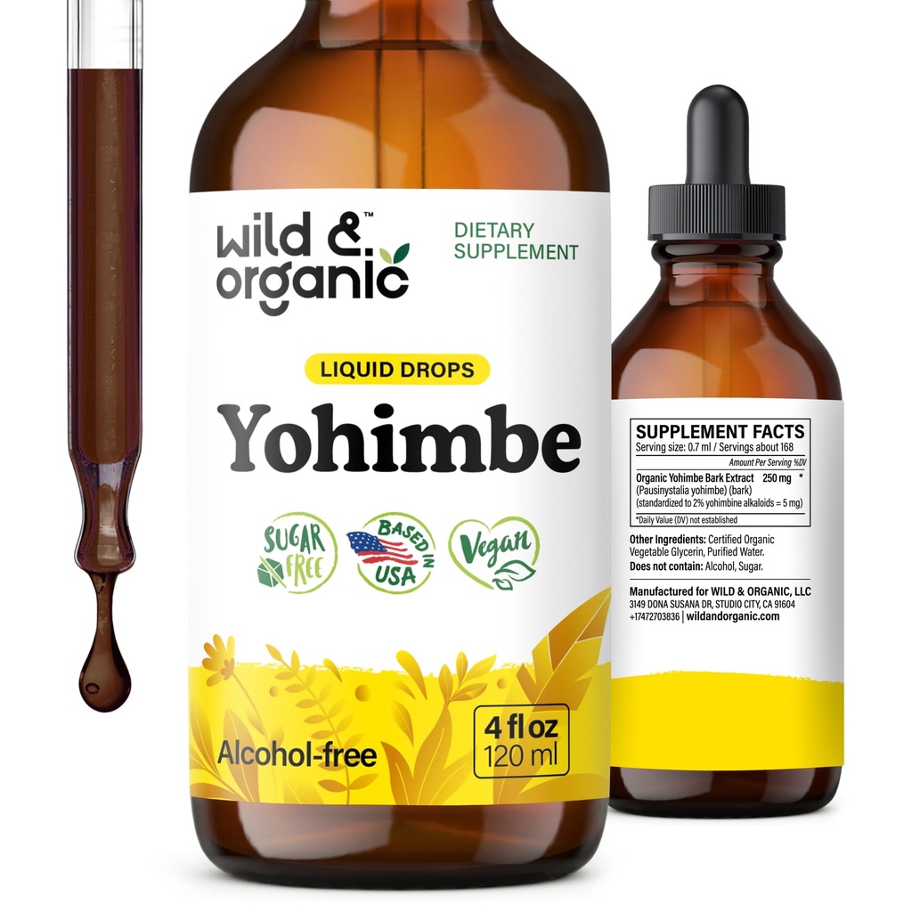 Wild & Organic Yohimbe Doplnky pre mužov a ženy - 5 mg Yohimbine extrakt Tinktúra - bez alkoholu Yohimbe Bark kvapky - Vegan, non-GMO a bez cukru - 4 fl oz