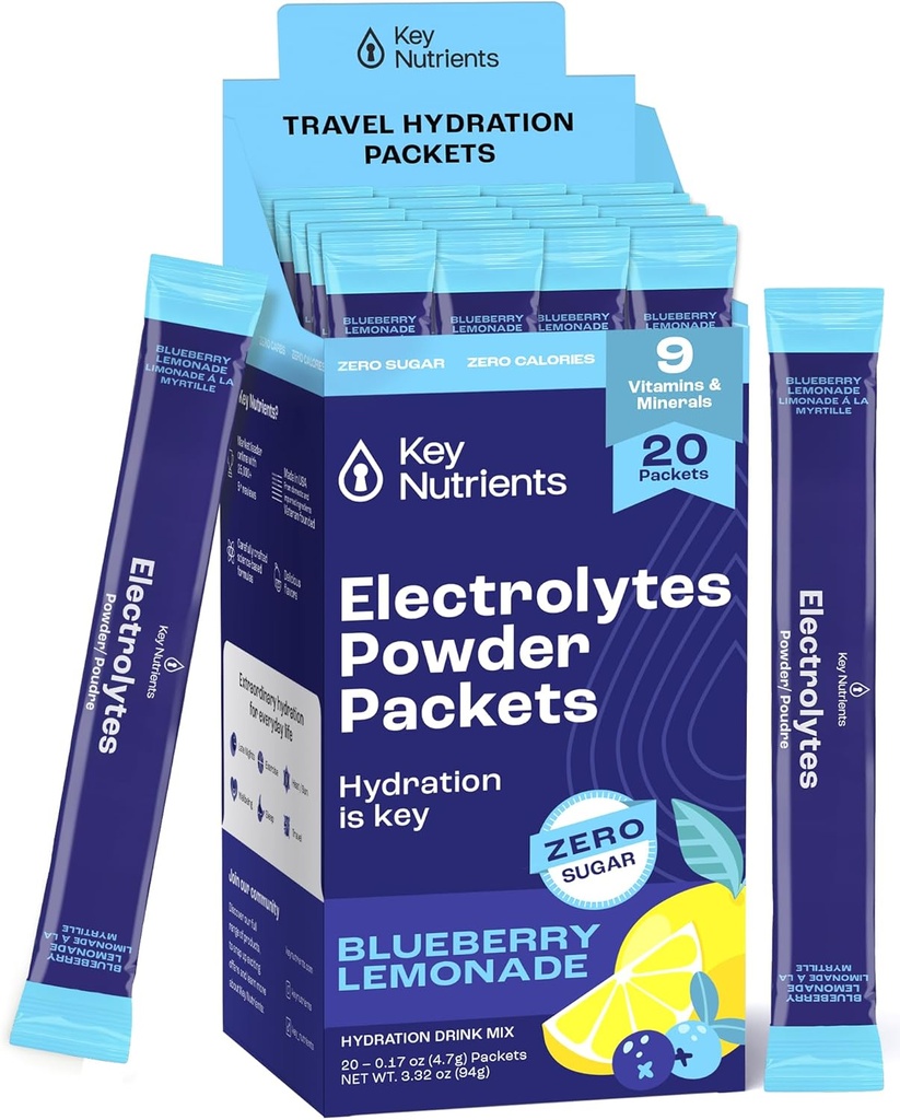 KĽÚČOVÉ NUTRIENTY Multivitamínové elektrolyty Powder Pakety - Delicious Blueberry Lemonade 20 Balíčky hydratácie - Cestovná hydratačný prášok - Bez cukru, Bez kalórií, bez lepidla - Vyrobené v USA
