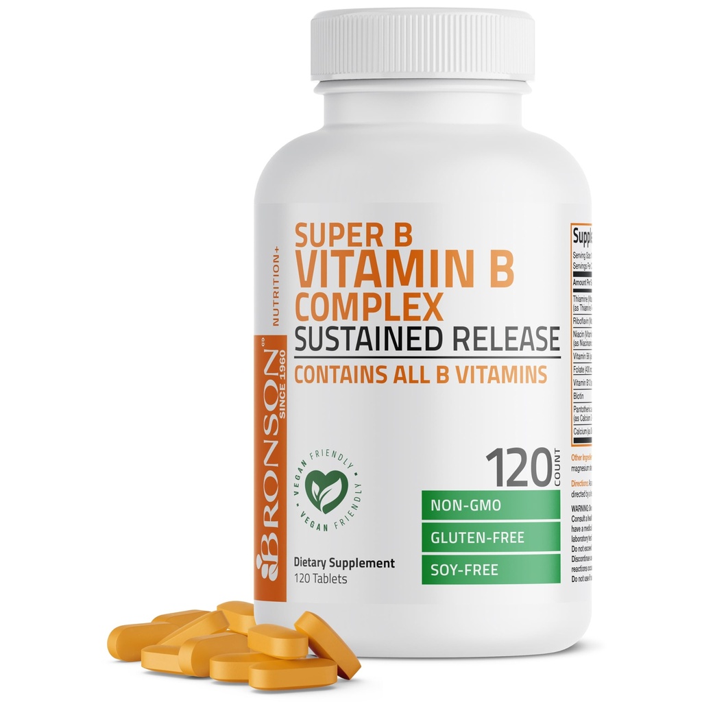 Bronson Super B vitamín B komplex Trvalé pomalé uvoľňovanie (vitamín B1, B2, B3, B6, B9 - kyselina listová, B12) obsahuje všetky B vitamíny 120 tabliet