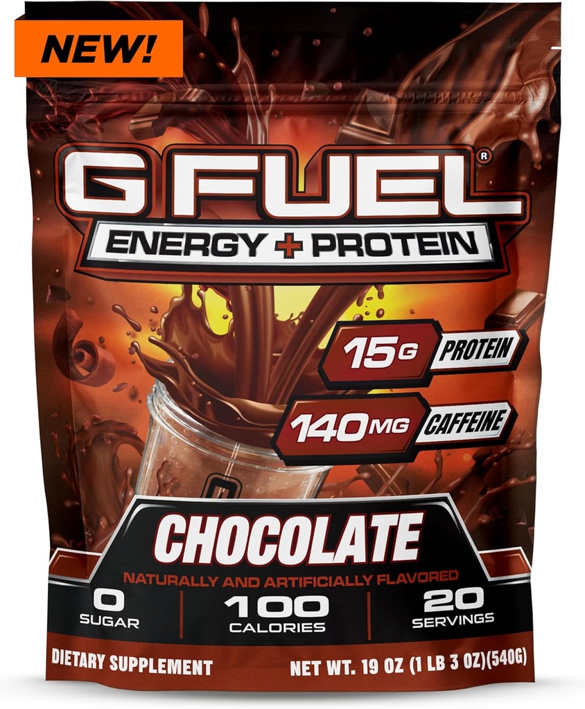 G Fuel Protein + Energy Drink Powder, Pre Cvičenie Kofeín Mix pre Herné, bez cukru Zameranie Amino, Vitamín + Antioxidanty, 19oz (Cocolate, 20 Serviv)