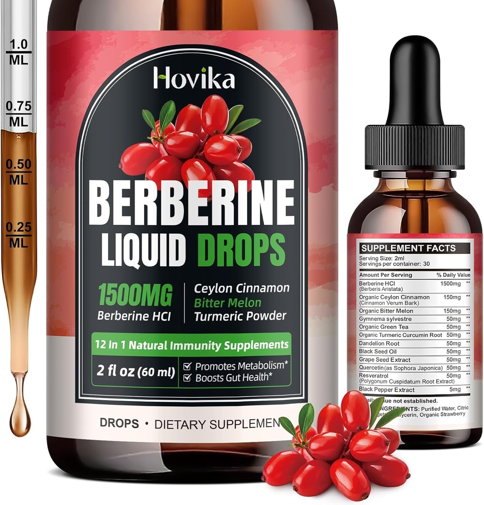 Berberine HCL Liquid Drops - 1500 mg Highly Absorbable Berberine Liquid Drops - Berberine Veggie Supplement for Immune, Digestion System and Heart Health Support, Jahodová aróma- 2 FL Oz