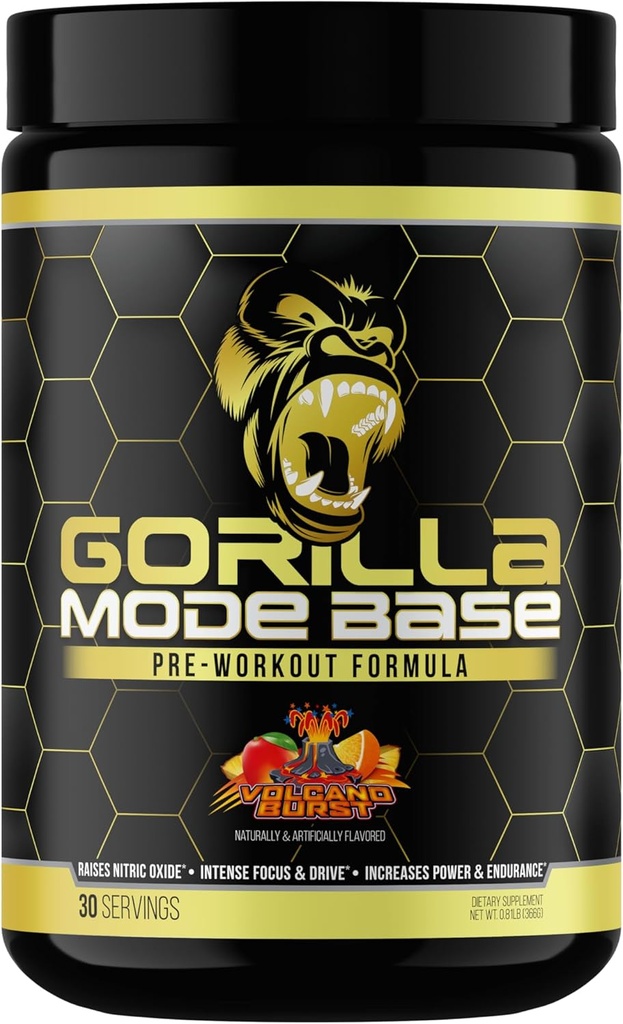 Gorilla Mind Base pre cvičenie - zvyšuje napätie oxidu dusnatého zaostrenie a pohon Vytrvalosť Power - L-Citrulín, L-Tyrosín, Betaín, Alpha-GPC, kofeín, Huperzine A - 360 Grams (Volcano Burst)