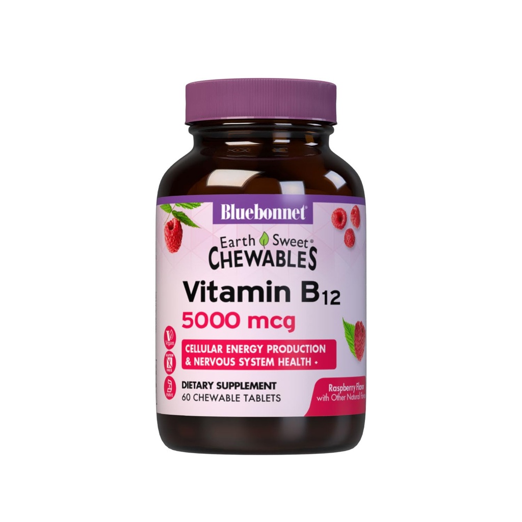 BlueBonnet Nutrition Earth Sweet Vitamin B12 5000 mcg Žuvacie tablety, Soy-free, Gluten-free, Kosher Certified, Dairy-free, Vegan, Malinová Ochutené, 60 Žuvacie tablety, 60 porcií