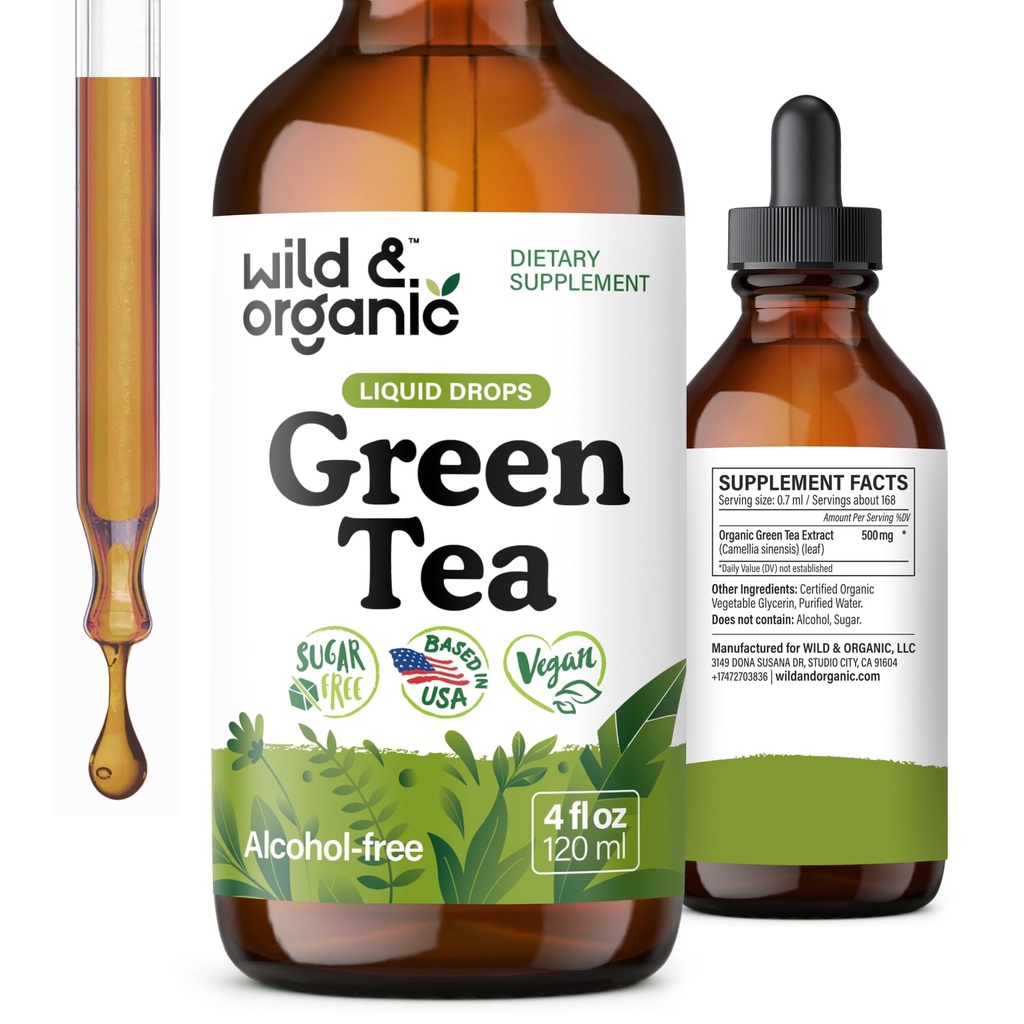 Wild & Organic Green Tea Extract Liquid Drops - Antioxidant-Rich Green Tea Supplement - 2-Month Supply - Vegan, Cukor a alkohol-bez Camellia Sinensis Tincture - 4 fl oz