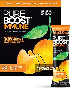 Pureboost Immune Clean Energy Booster, Osviežujúci energetický nápoj Mix a doplnok imunity s bazami, 1 200 mg vitamínu C, vitamíny A + D a zinok. (Tangerine Twist, 30 Počet)