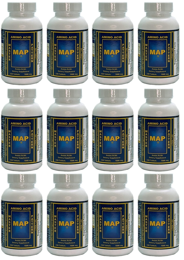 Balenie 12 fliaš modelu MAP Master Amino Acid Pattern (120 tabliet/Bottle) 99% Čistá utilizácia dusíka (NNU) - Originálna formula Dr. Luca Moretti