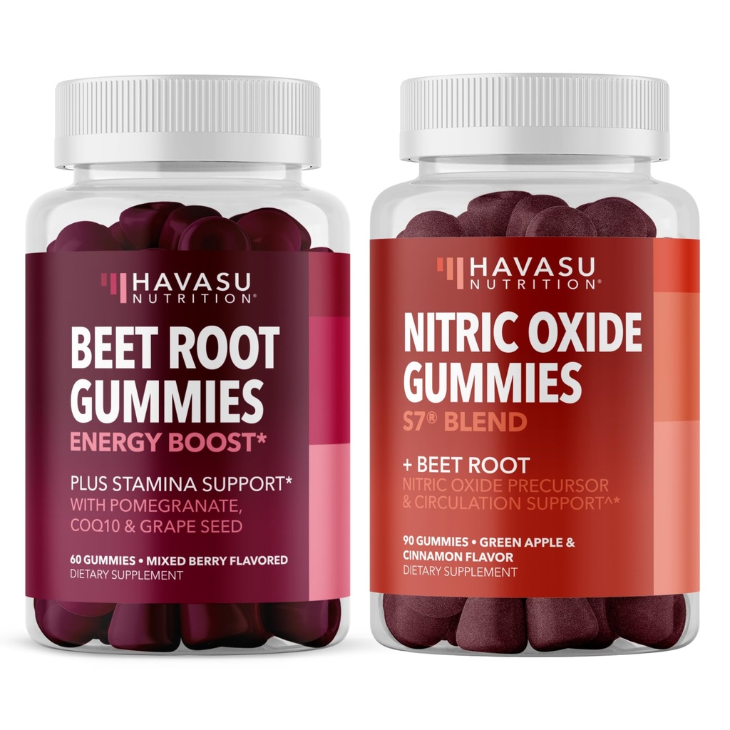 HAVASU NUTRITION Gumičky oxidu dusnatého s L-arginínom a korením repy (1 mesiac dodávky) a korenistých guličiek s COQ10 a granátovým jablkom (1 mesiac dodávky)