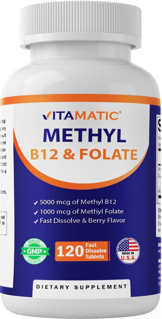 Vitamatický metyl folát a B12 doplnok s pyridoxálnym 5 fosfátom (P-5-P) - podporuje kardiovaskulárny metabolizmus a metabolizmus energie - 120 tabliet s rýchlym rozpustením - bez GMO a bez lepidla