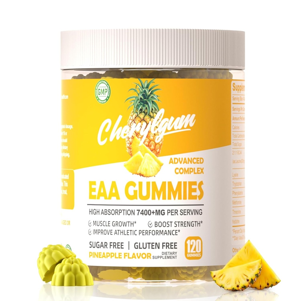 EAA Gummies 120 Ananás Gummies, 7400 mg Essential Amino Acides - All 9 Essential Aminos (EAA) and All Branched-Chain Aminos (BCAA), Non-GMO, Gluten Free, Vegetarian Friendly.
