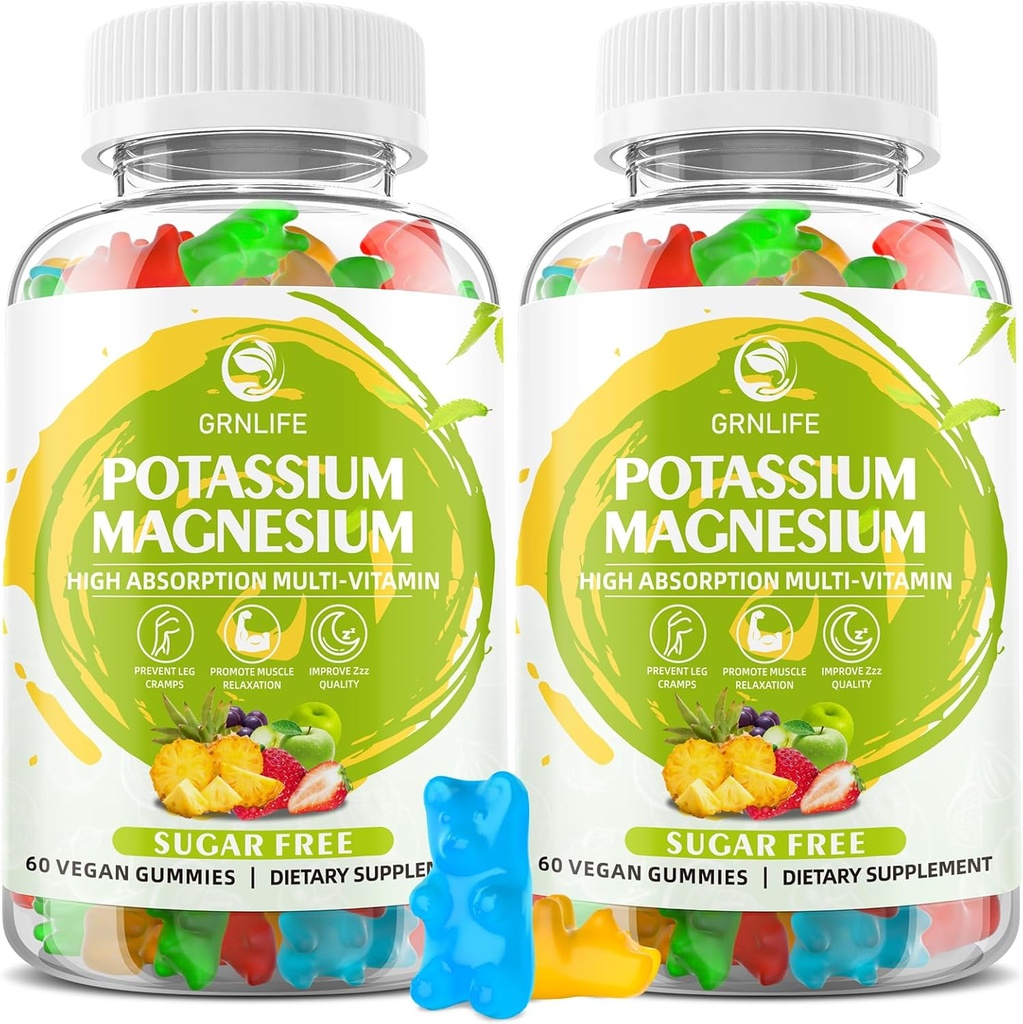 Kálium Magnézium Supplement Gumies, Gumies pre dospelých Deti, vysoká absorpcia Magnézium Glycinate pre nohy Cramps & Immune Health, bez cukru, Vegan zmiešané chute, 120 Počet