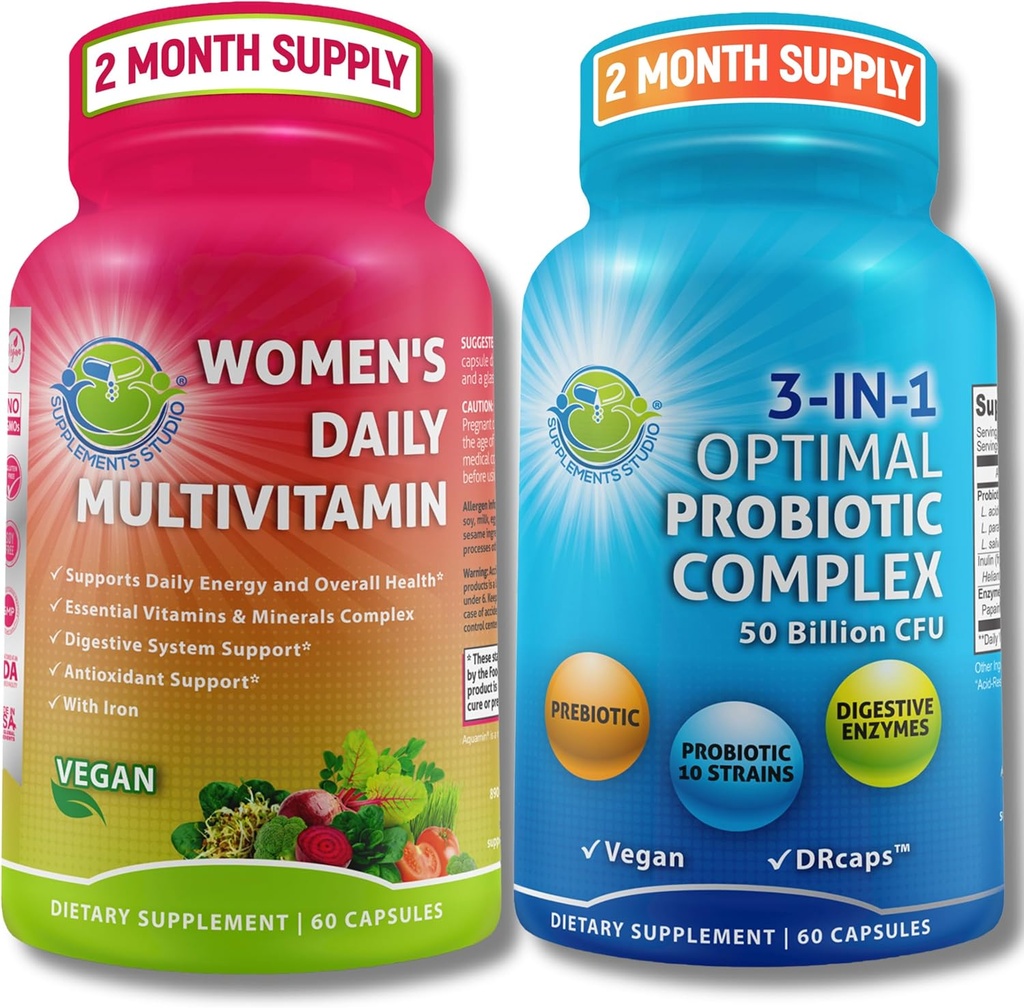 Ženy Multivitamínová a probiotická podpora Bundle 3-in-1 Probiotiká s tráviacimi enzýmami a prebiotikami & Ženy Denné multivitamíny so železom Vegan, Non-GMO, Čistá denná Wellness podpora