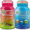 Ženy Multivitamínová a probiotická podpora Bundle 3-in-1 Probiotiká s tráviacimi enzýmami a prebiotikami & Ženy Denné multivitamíny so železom Vegan, Non-GMO, Čistá denná Wellness podpora