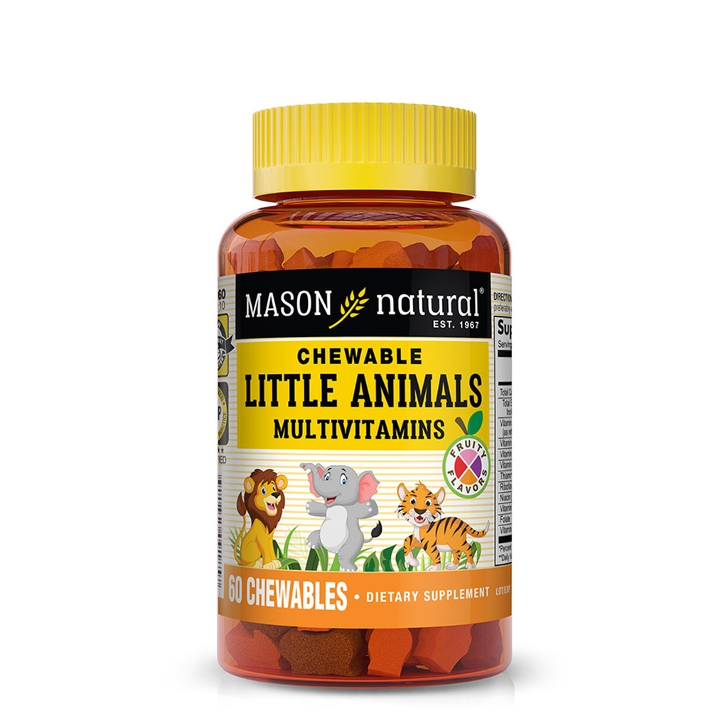 MASON NATURAL Chewable Little Animals Multivitamíny pre deti - Detský denný multivitamín s vitamínom A, C, D, B1, B2, B3, B6, B12 a folát - 60 žuvacie tablety