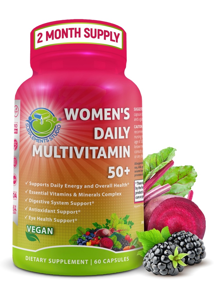 Dámske denné multivitamín 50 Plus - Vegan Metylated Multivitamín pre ženy 50 a viac s biotínom, Organic Superfoods & Lutein - Eye, Energy, Gut & Optimal Health Support - Ľahko prehĺtať Kapsule