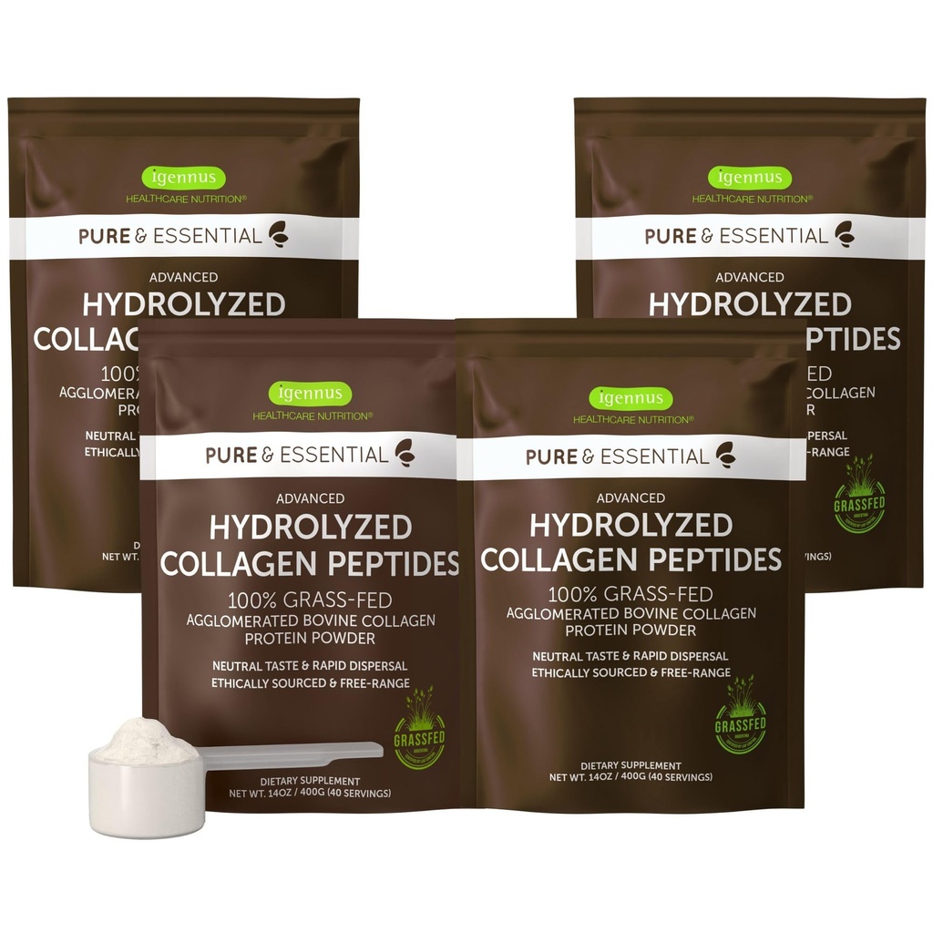 Igennus Free Range Grass Fed Hydrolyzed Bovine Collagen Peptides, Neutrálna chuť, 100% Najvyšší stupeň Bovinový kolagén Proteín prášok, Typy 1, 2 a 3, Čistá značka, Non-GMO, Voľný rozsah,4 x 40 Servings