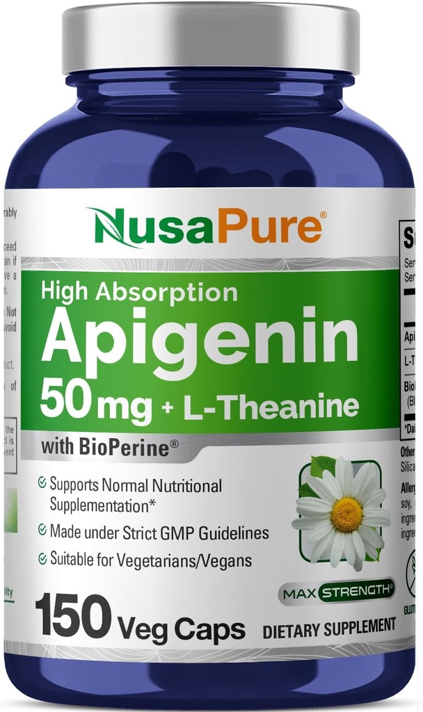 NusaPure Apigenin 50 mg & L-Theanine 200 mg, 150 Veggie Capsules, Bioperine (non-GMO, Gluten Free)