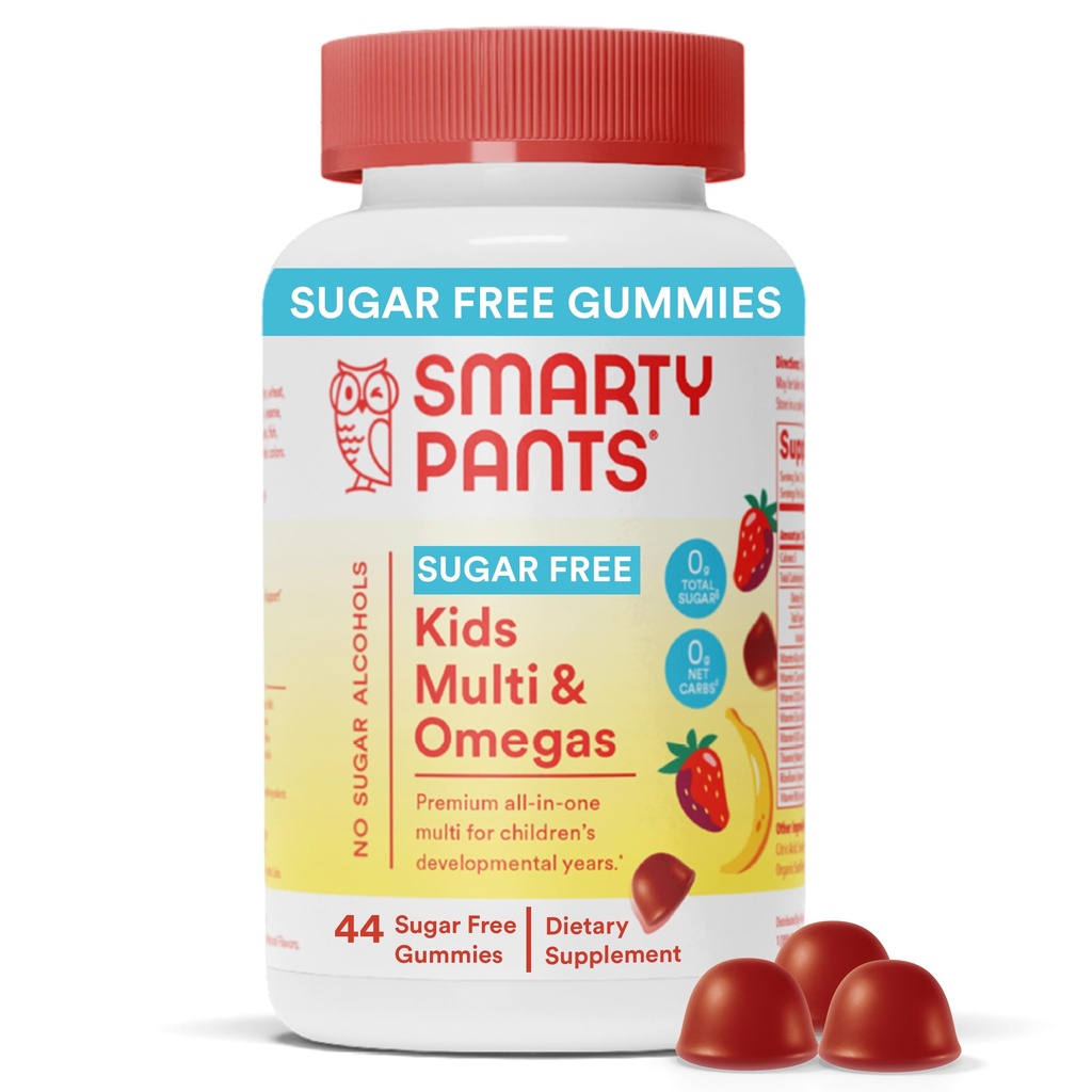 SmartyPants Detské multivitamínové guličky, bez cukru: Omega 3 (ALA), vitamín D3, C, vitamín B12, B6, A, K & Zinok pre imunitnú podporu, biotín, Erytritol bez, jahodová banana, 44 gróf (22 dní)