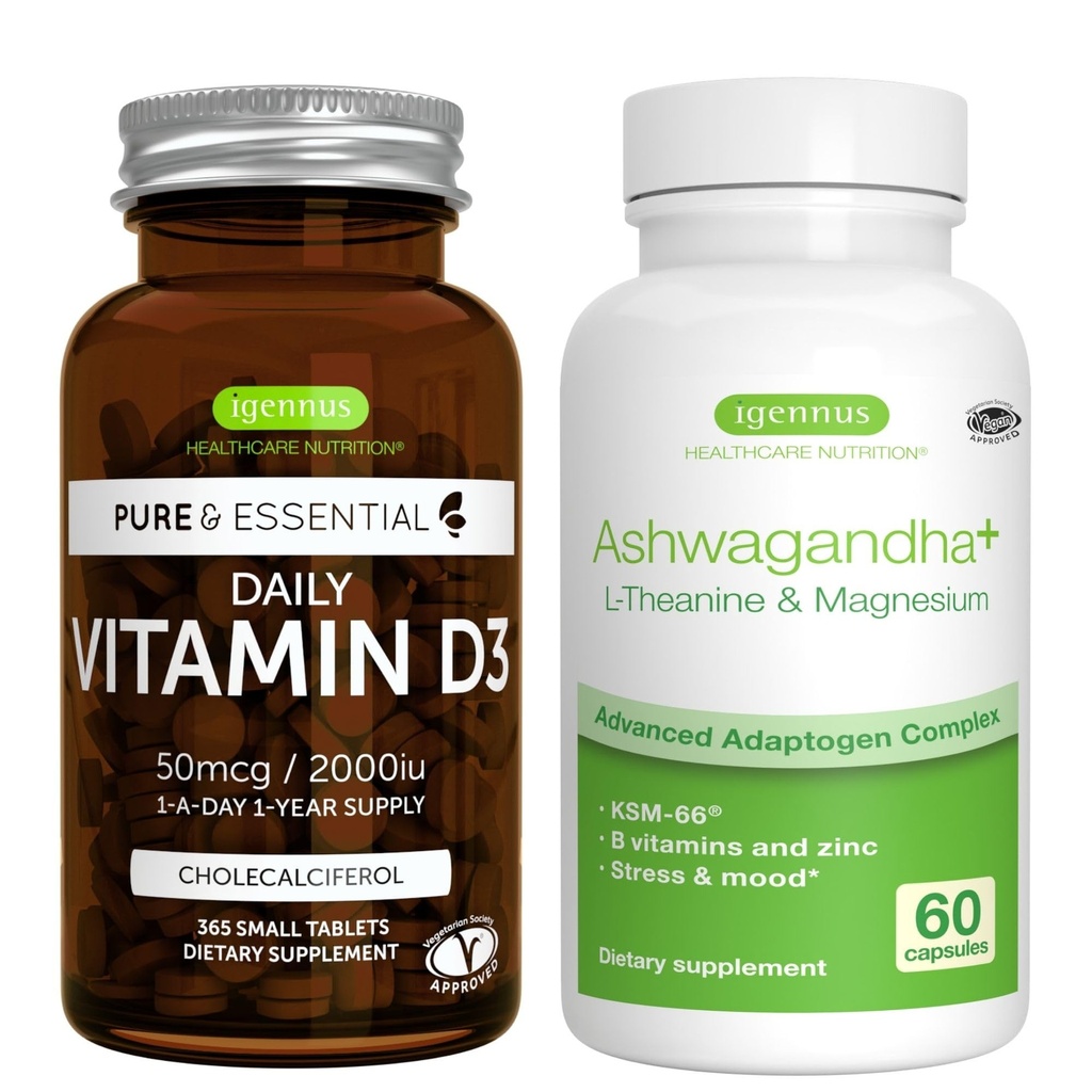 Denné vitamíny D3 + Ashwagandha+ L-theanín a horčík Vegetarian Bundle, 365 2000iu vitamín D3 tablety + 600 mg KSM-66 Ashwagandha s vitamínmi zinku a B, Igennus