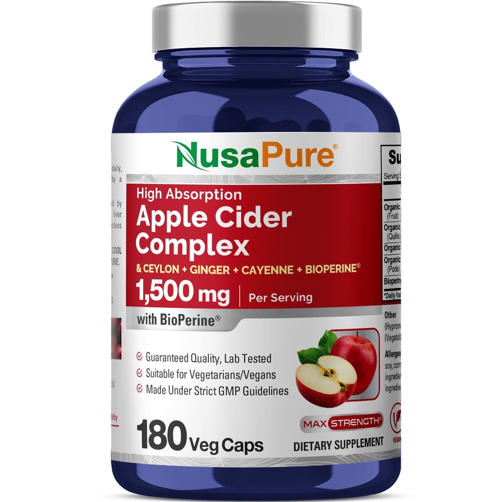 NusaPure Apple Cider Ocogar Complex 1500 mg 180 Veg Caps Vhodné pre Vegetarians a Vegans, Non-GMO