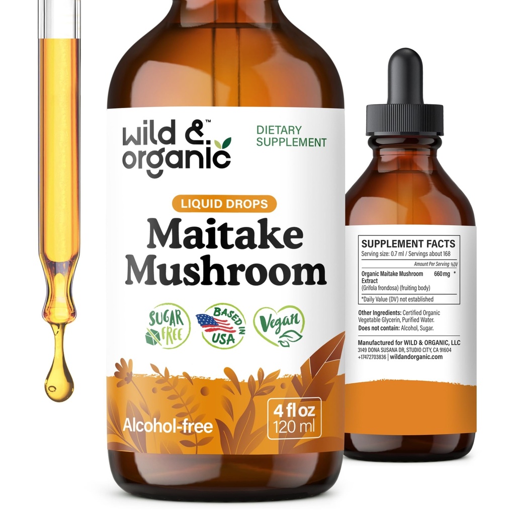 Wild & Organic Maitake Mušroom Tinture - Immune Support Supplement - Liquid Maitake Mušroom Extract - Vegan, Cukor a kvapky bez alkoholu - 4 fl oz