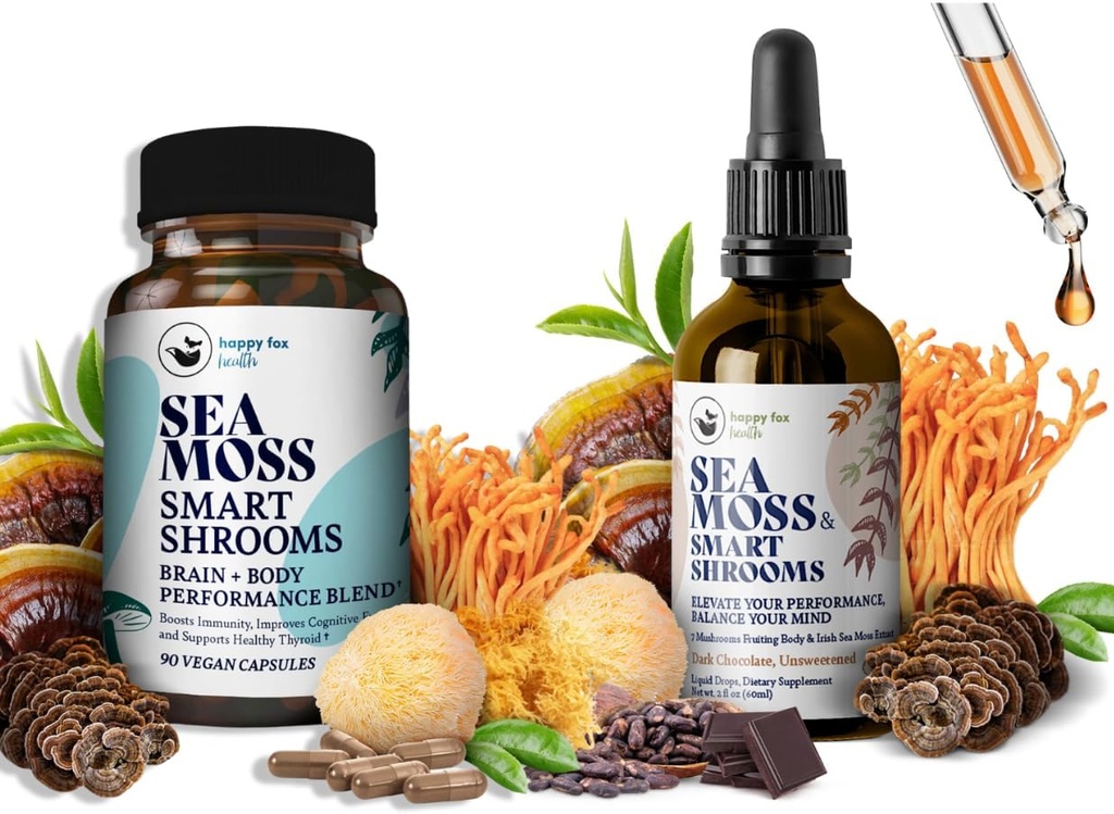 Mozog Superfoods Bundle - Organické mora Moss & Smart Šrooms, Kapsule a kvapalné kvapky Bundle, Organické Írske Seamos a 7 Adaptogénne doplnky pre pamäť a zameranie. Tekuté kvapky v čokoládovej chuti