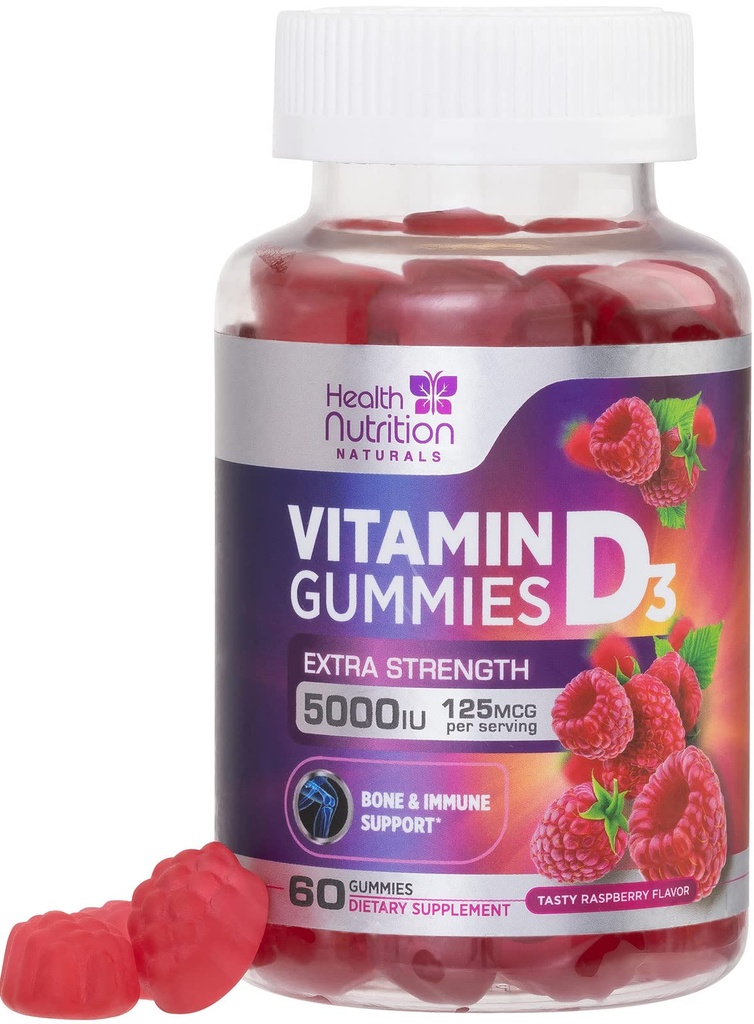 Vitamín D3 Gummies 5000 IU (125 μg) - Trojitá sila kosti a imunitná podpora, vitamín D Gummy doplnok stravy, Príroda Berry D vitamín Supplement, Malinová Ochutená, non-GMO - 60 Gummies