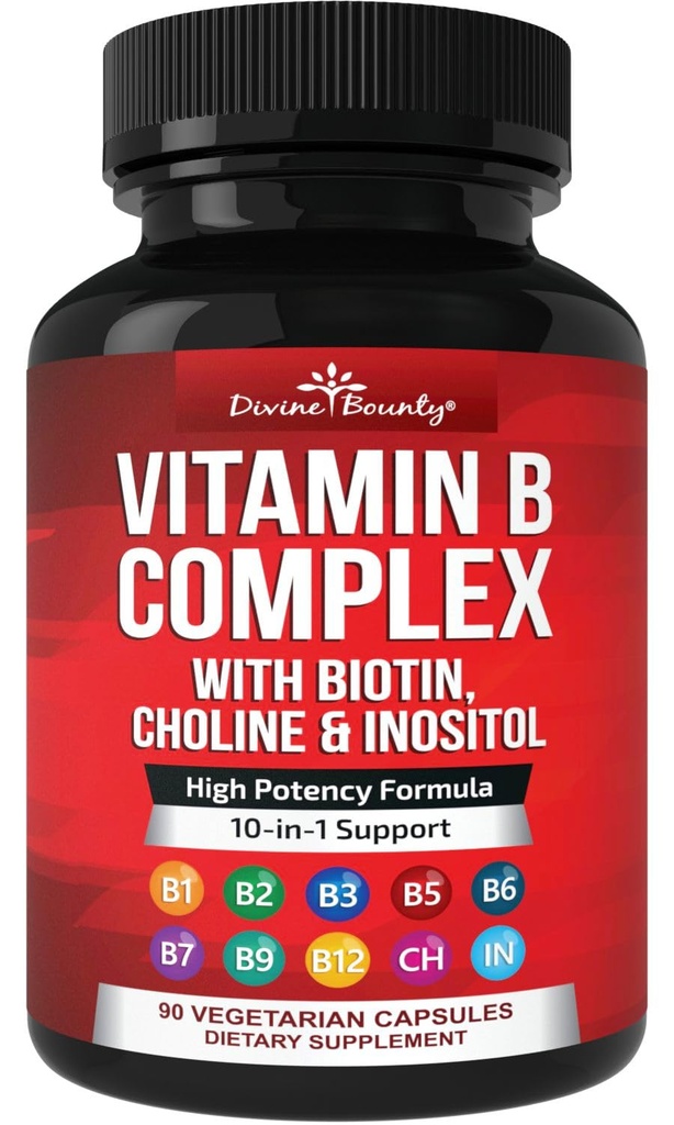 Divine Bounty Super B komplex vitamíny - všetky B vitamíny vrátane B12, B1, B2, B3, B5, B6, B7, B9, kyselina listová - vitamín B doplnok - podpora zdravé energetické metabolizmus - 90 Vegetariánske kapsule