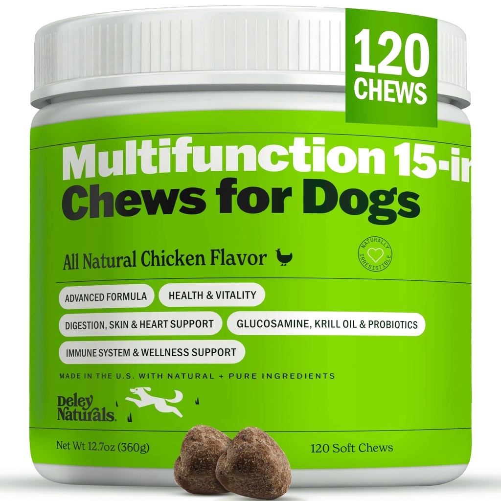 Deley Naturals 15 in 1 Multivitamín pre psy - Kompletné psie vitamíny a doplnky pre imunitnú podporu, kĺb, koža, trávenie, srdce a celkové zdravie - denné doplnky pre multifunkčné - 120 žuvačky