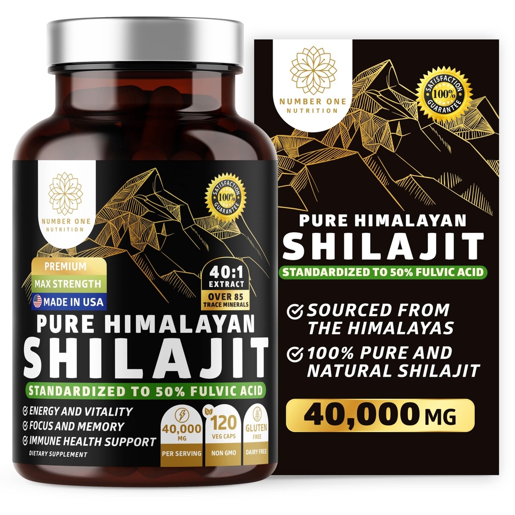 Pure Himalayan Shilajit Supplement for Men and Women, [40 000MG, Max Strength] Obsahuje 50% Fulvic Acid s viac ako 85 Stopové minerály na podporu energie, mozgu a imunity, 120 Veg Caps