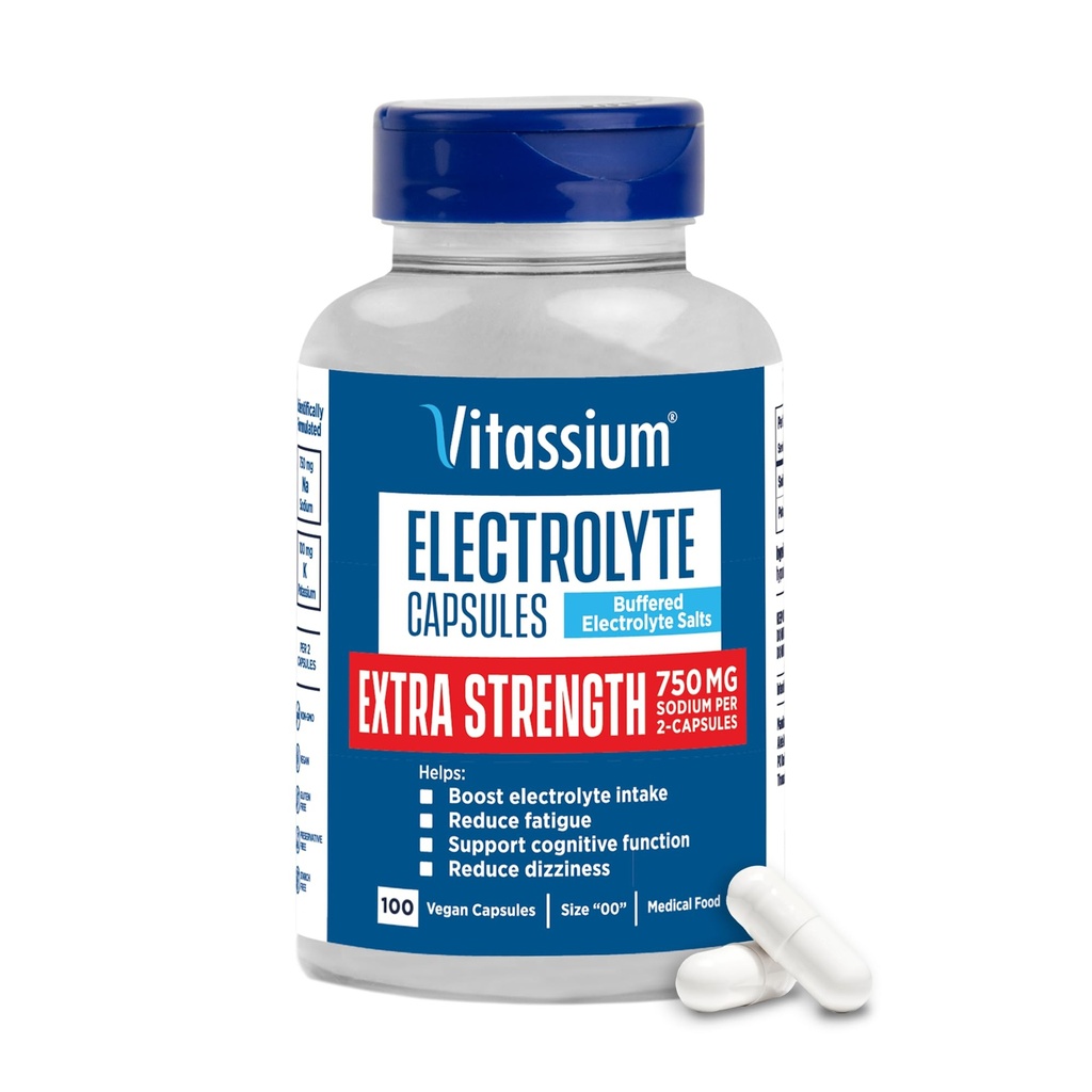 Vitassium Extra Strength Electrolyte Kapsule, 750 mg sodíka pre Manažment PoTS a High Sodík Diets, Unflavred, 100 soľné tabletky (Veľkosť 00)