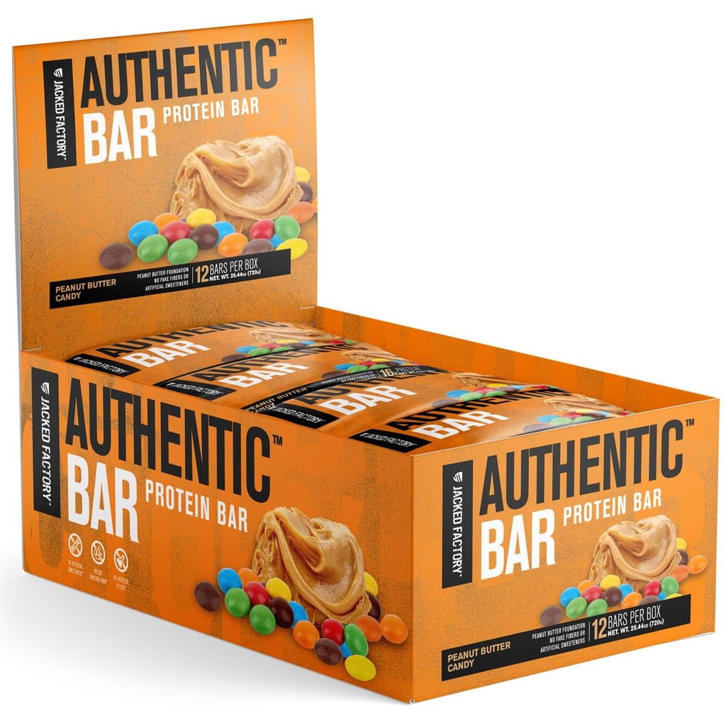 Jacked Factory Authentic Bar Arašidové maslo Candy Protein Bars - Chutné jedlo Replacement Energy Bars w/ 16g Srvátkový proteín Izolát, Prírodné cukru z čistého medu, zdravý tuk - 12 Balenie