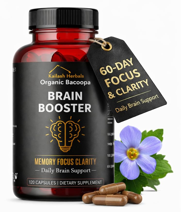 Bacopa, Organic Brain Booster, Nootropic Brain Supplement, Bacopa Monnieri/Brahmi, pre Mental Sharpness, Focus, Memory, and Cognitive Wellness, 120 Kapsule 500mg, 2 mesiace Zásoba