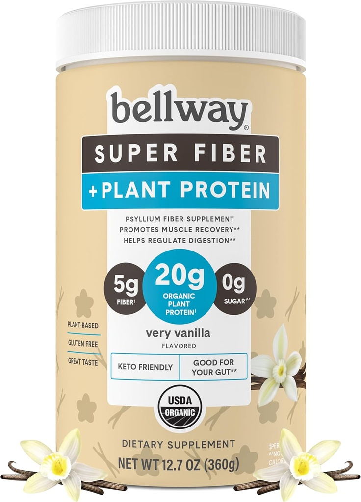 Bellway Super Fiber + Proteín prášok, Bezcukrové organické Psyllium Husk Fiber Supplement Powder with 20g Plant Protein Per Serving, Very Vanilla, 12.7 oz