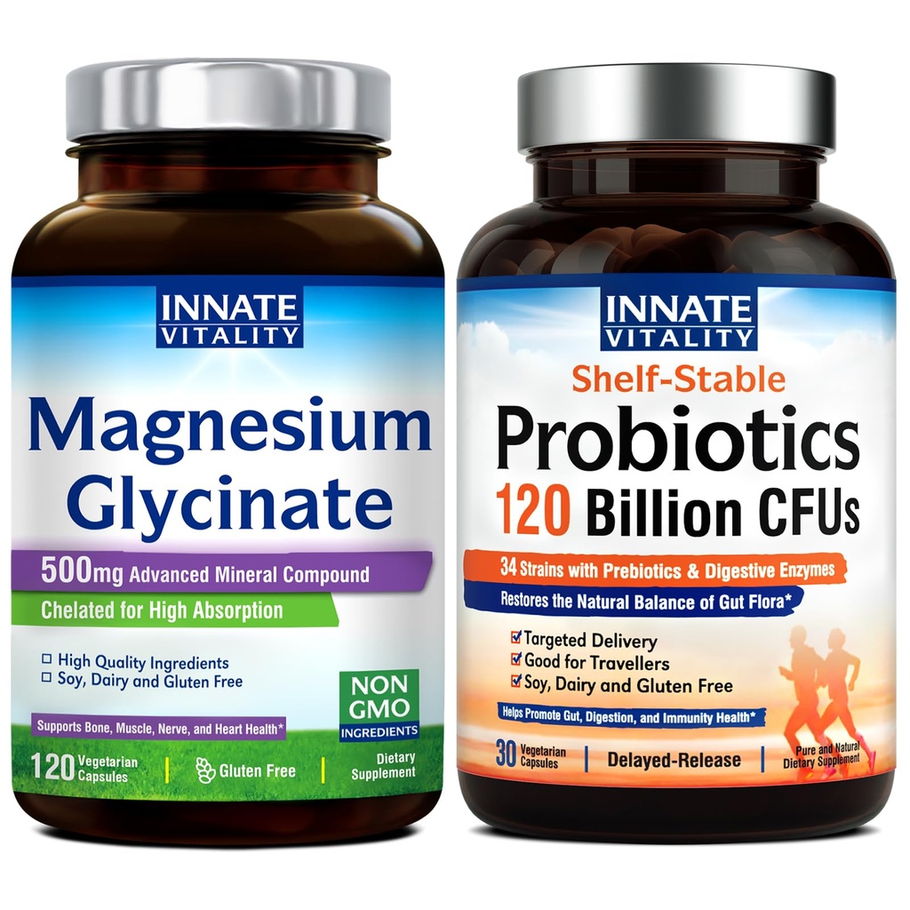 Narodená vitalita Magnézium Glycinate & Probiotiká 120 miliárd Bundle, Non-GMO, No Gluten Dairy Soy & Vegan, Horčík (120 Caps) & Probiotic (30 Caps)