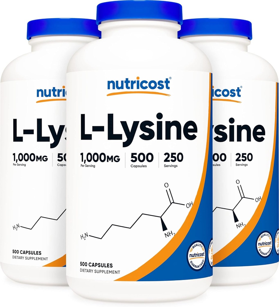 Nutricost L-lyzín 500 mg (1000 mg Serving), 500 kapsúl (3 fľaše)