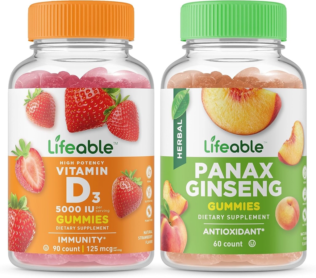 Životaschopný vitamín D 5000 IU + Panax ženšen, Gummy Bundle - veľké ochutnávky, vitamínové doplnky, bez lepidla, bez GMO, žuvacia guma