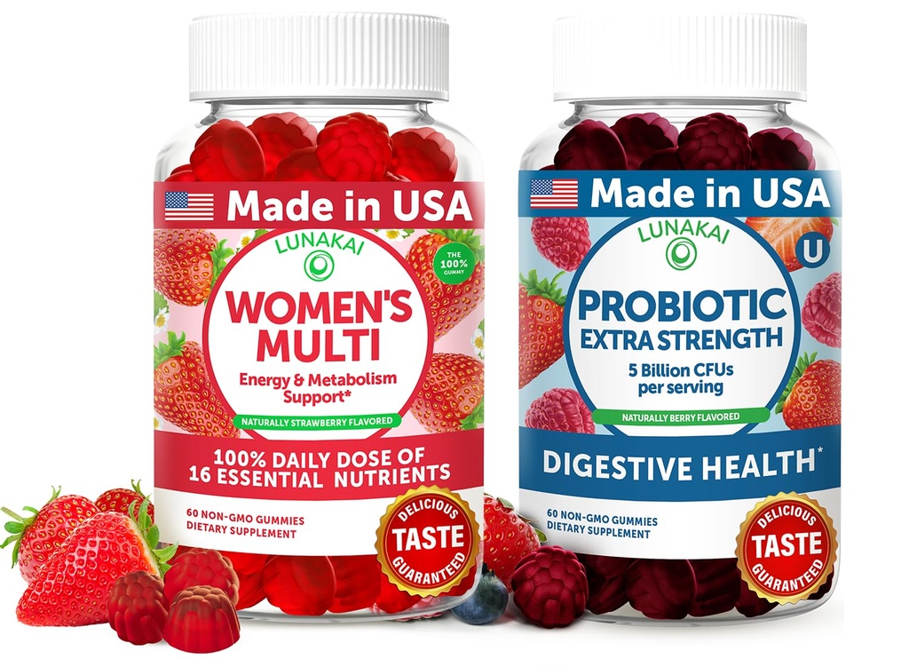 Lunakai USA Made Womens Multivitamín & Probiotic Gummies Bundle 