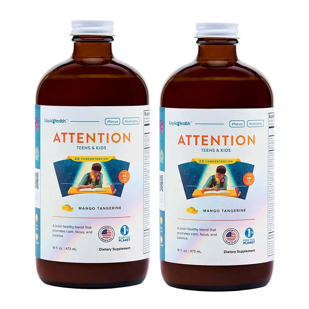 LIKVIDNÁ HEALTH Attention, Tekutý multivitamín pre deti a dospievajúcich - Zlepšuje pamäť Retention, Koncentrácia, zameranie, nálada, relaxácia a upokojenie - vyrobené v USA, Veľká chuť, Vegan, bez cukru (2 balenia)