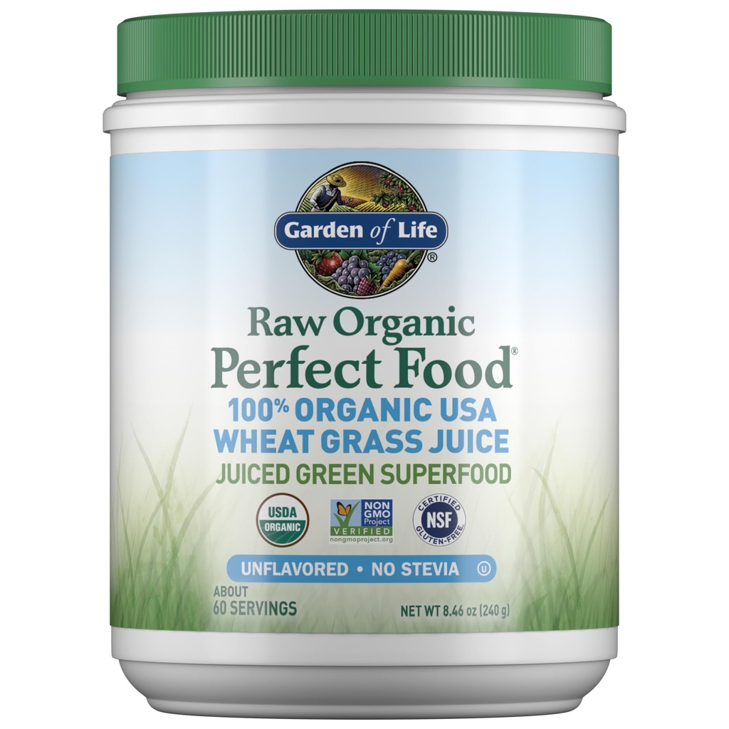 Záhrada života Raw Organic Perfect Food 100% Organic USA Wheat Grass Juice - Šťavnaté zelené Superfood Greens Powder, 60 Servings - Stevia-Free, Non-GMO, Vegan, Gluten Free Whole Food Dietary Supplement