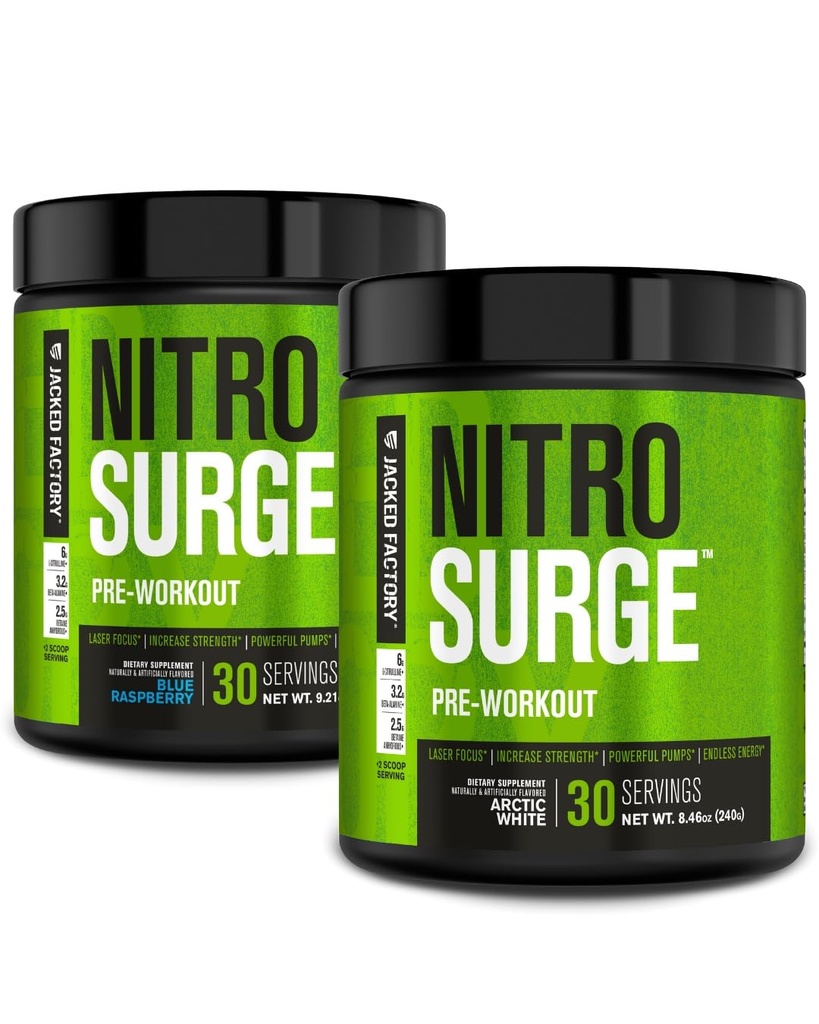 Jacked Factory NITROSURGE Pre Cvičenie Supplement for Energy, Instant Strength Gains, Clear Focus, & Intense Pumps (Modrá malina, 30 Služobné & Arktická biela, 30 Služobné)