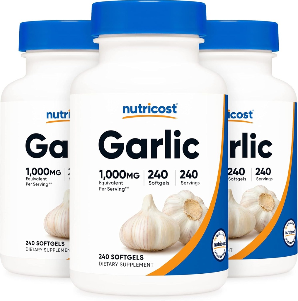 Nutricost Cesnak 1000mg, 240 Softgels (3 fľaše) - Odorless, Premium Gluten Free Supplement
