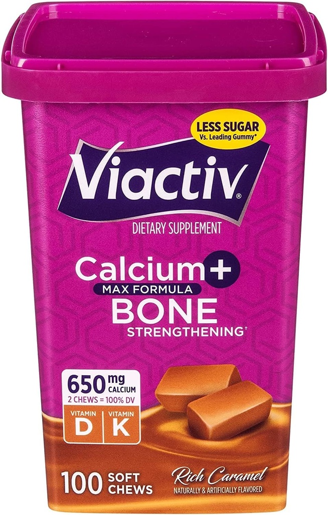 Viactiv Max Formula vápnik +vitamín D3 doplnok pre zdravie kostí, bohaté karamel, 100 mäkké žuvačky - 6 balenie