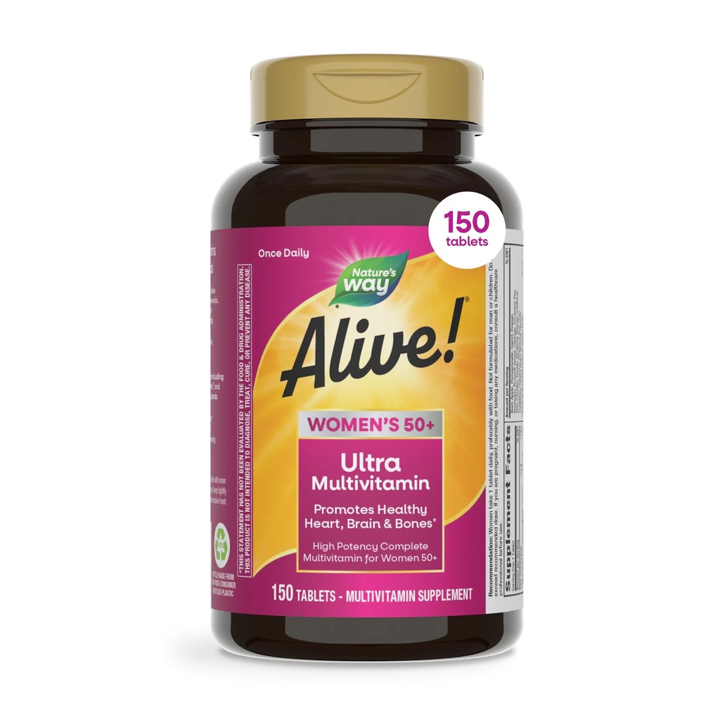 Príroda žije! Vitamíny pre ženy 50 Plus, Kompletný multivitamín, High Potency Formula, s Metylated B12, Gluten-free, 150 tabliet