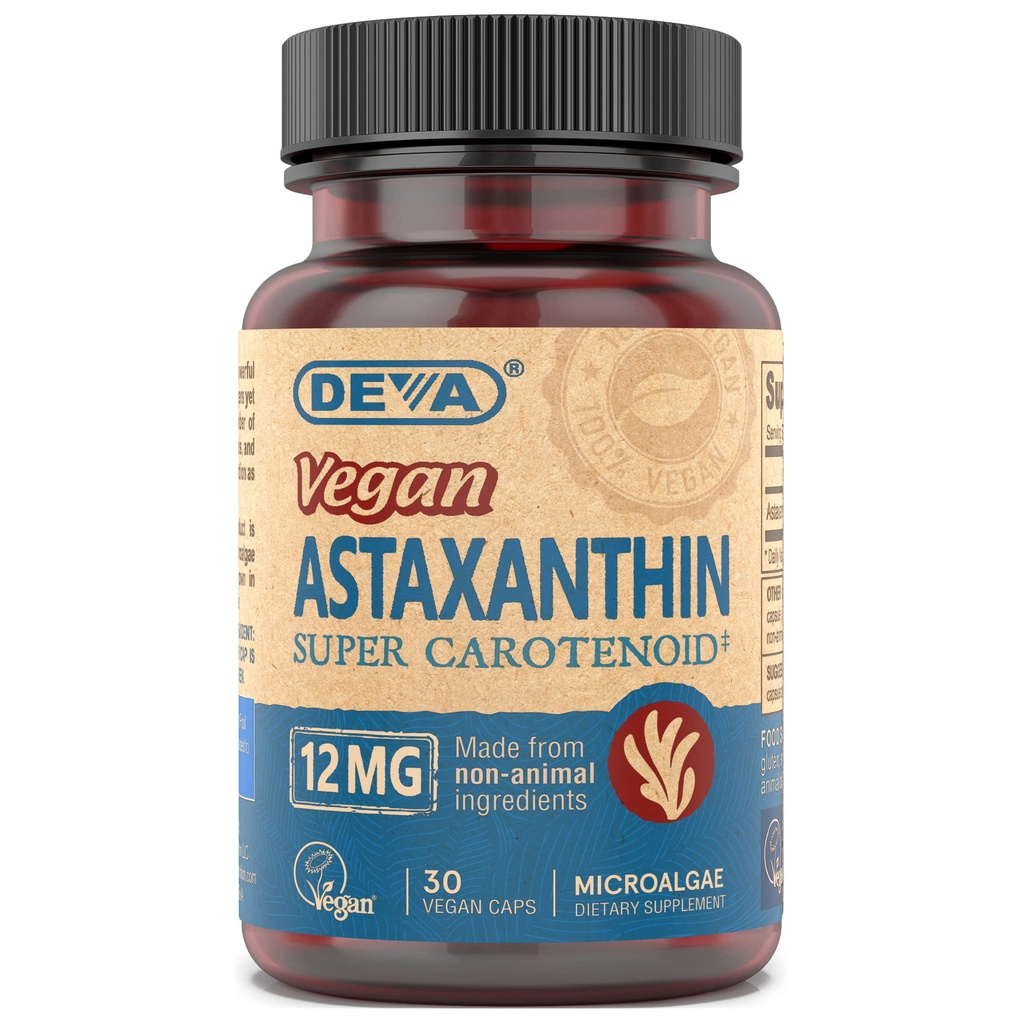 Deva Nutrition Vitamíny Astaxantín 12 mg, Vegan, Made from Hematococcus Pluvialis Mikroriasy, 30 Kapsule, 1- Pack