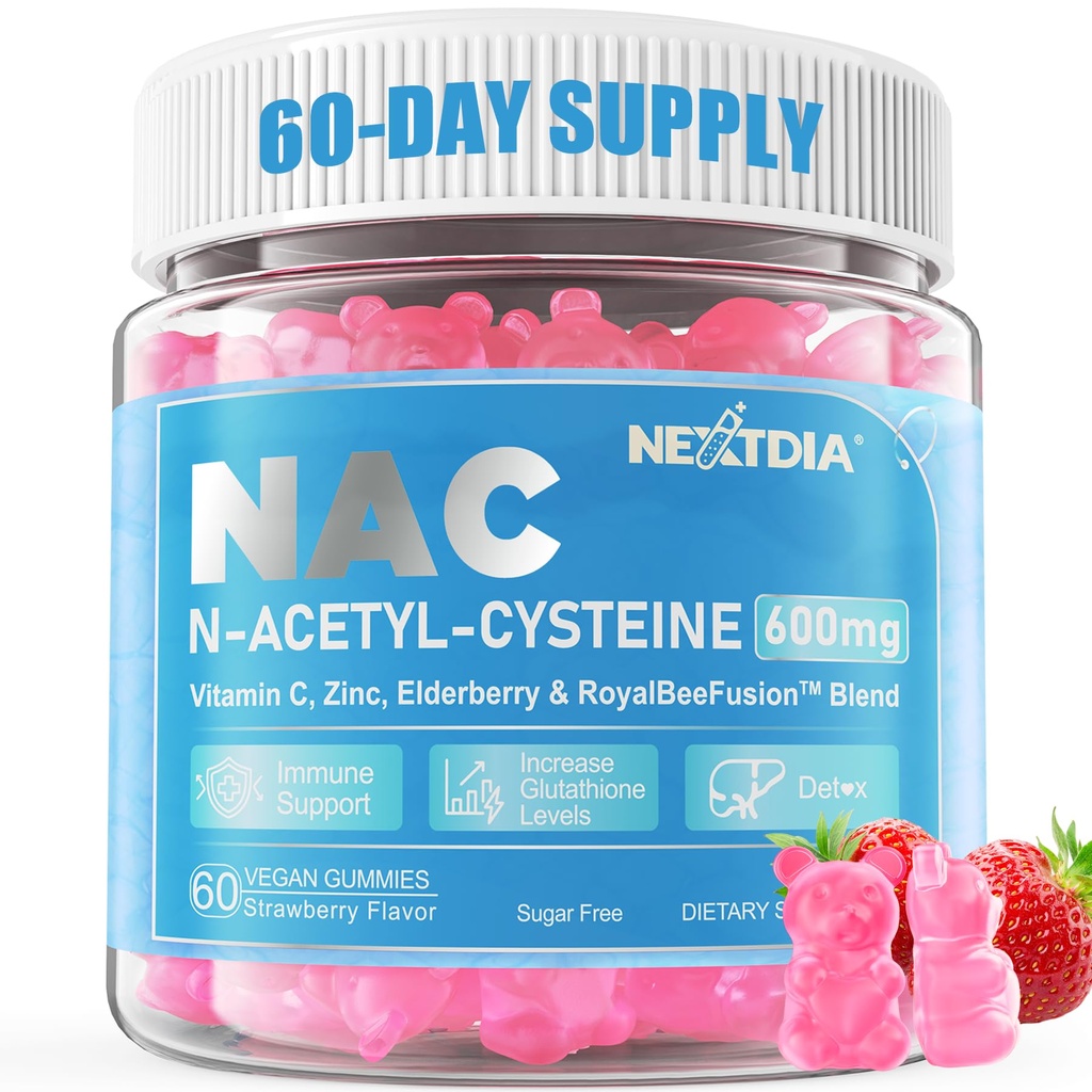 Nextdia NAC Gummies for Kids & Adults, Chewable N-Acetyl Cysteine Supplement 600mg 1000mg w/Vitamin C, zinok, bazalka pre antioxidanty a imunitnú podporu, zdravie pľúc a pečene, bez cukru, 120 Ct