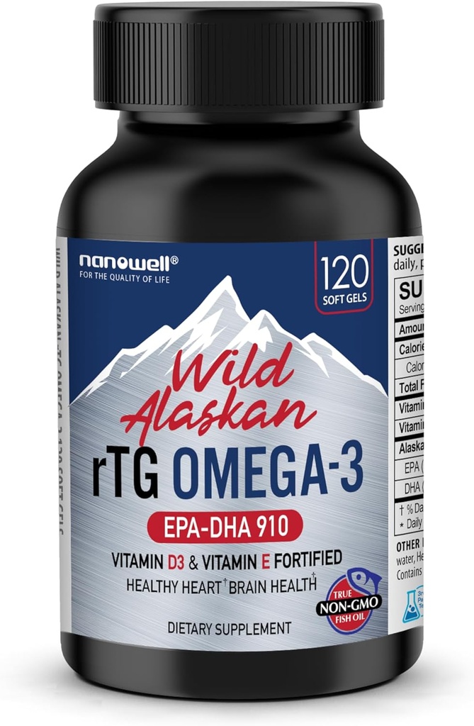 NANOWELL Wild Aljašský rTG Omega-3 rybí olej 1196mg - EPA, DHA, vitamín D3 a E - 120 Softgels, 60Day Supply